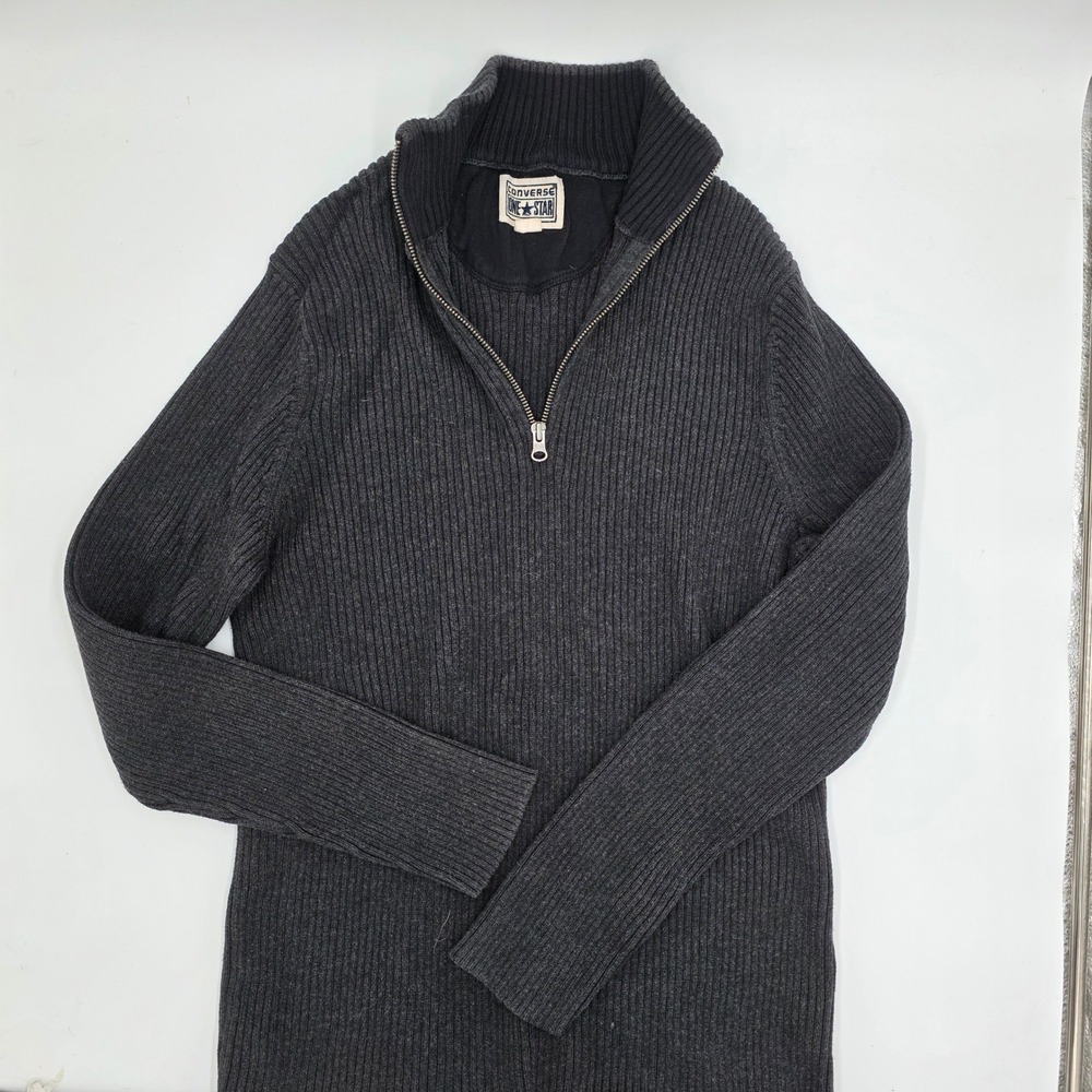 Converse One Star Mens Large Charcoal Grey Ribbed Quarter Zip Sweater Mock Neck